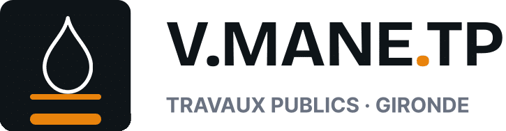 V.MANE.TP : Travaux Publics en Gironde - Entreprise BTP Logo V.MANE.TP, travaux publics en Gironde. Goutte blanche et barres orange sur fond noir.